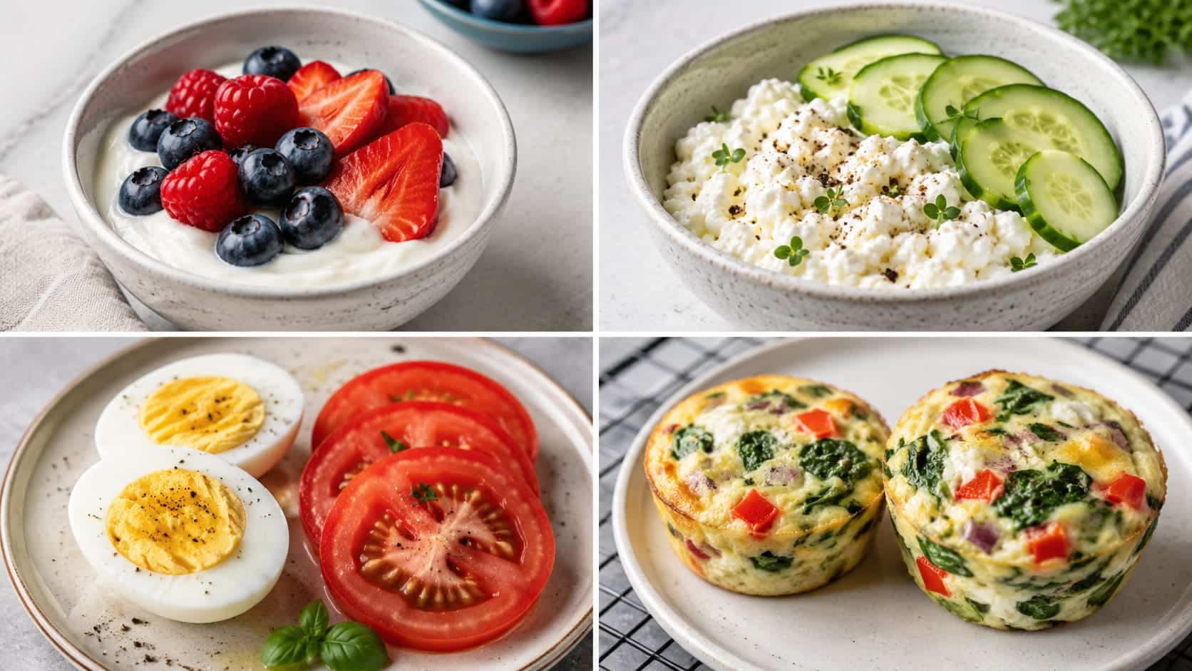 Four-panel collage of Greek yogurt, cottage cheese, boiled eggs, and vegetable egg muffins.