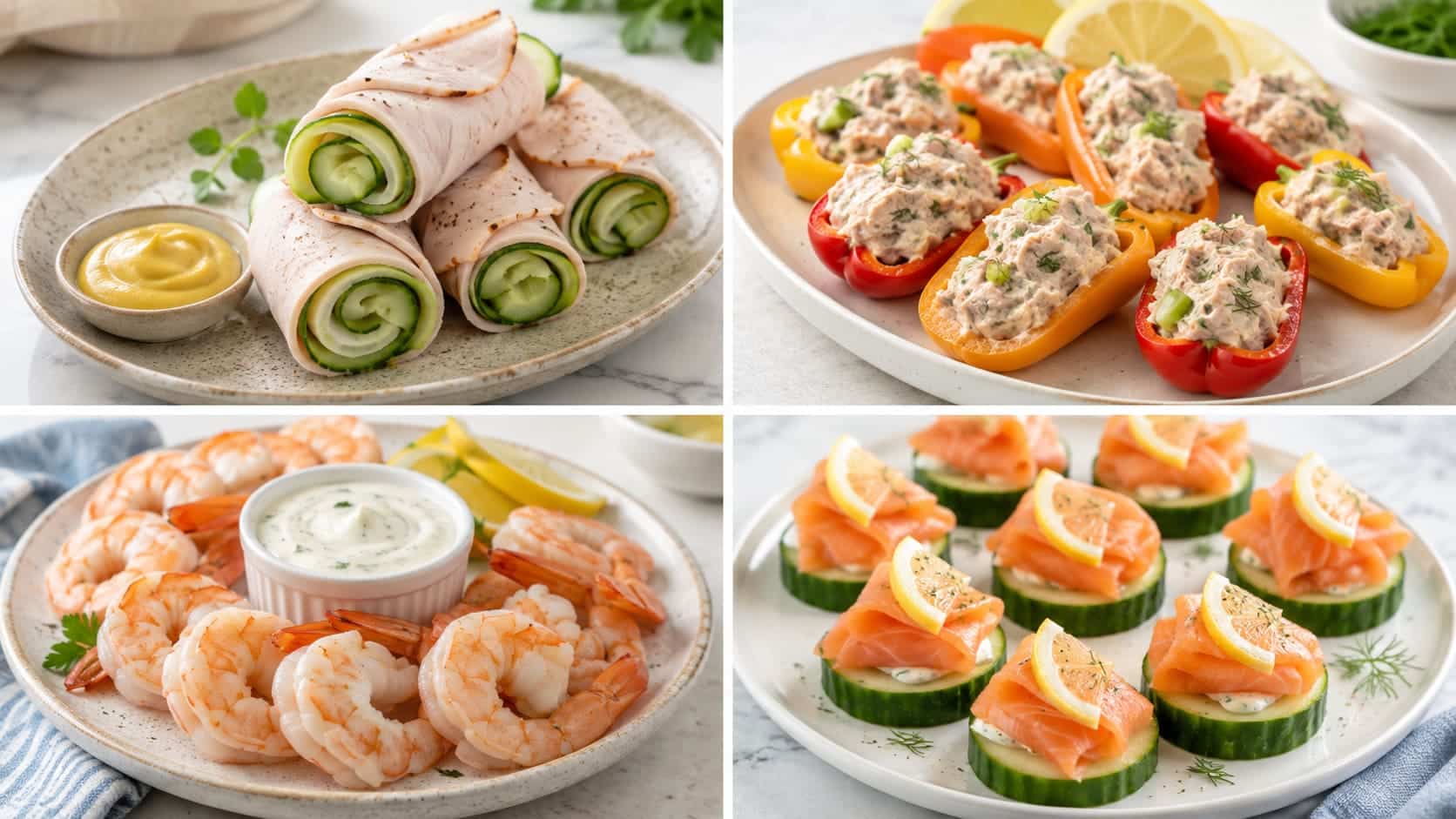Four-panel collage of turkey roll-ups, tuna peppers, shrimp dip, and smoked salmon cucumber bites.