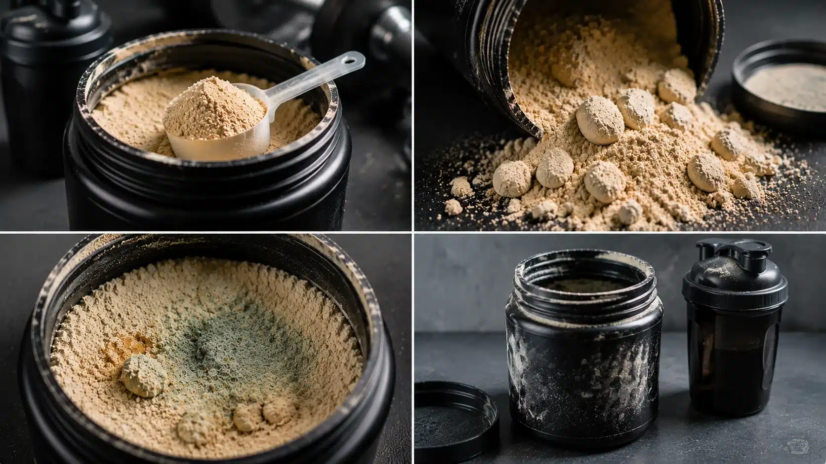 Four panel collage showing pre workout powder inspection with clumps, moisture damage, container, and storage conditions.