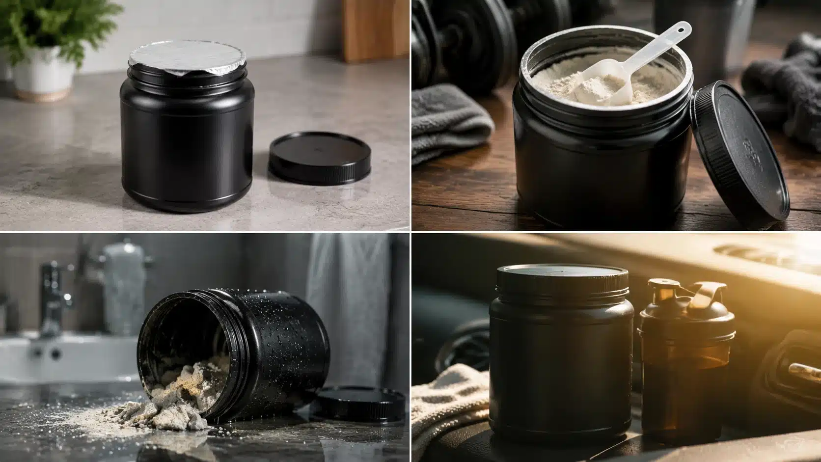 Four panel collage showing unopened, opened, humid, and heat exposed pre workout tubs with different storage conditions.