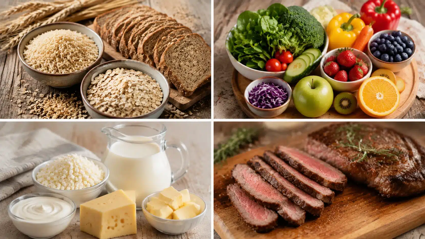 Four-panel collage showing whole grains, fresh fruits and vegetables, dairy foods, and lean red meat after H. pylori treatment.