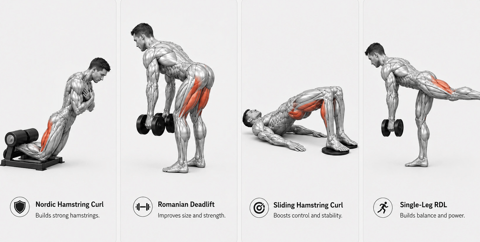 Four-panel hamstring exercise graphic showing Nordic curls, Romanian deadlifts, sliding curls, and single-leg RDLs by training goal.