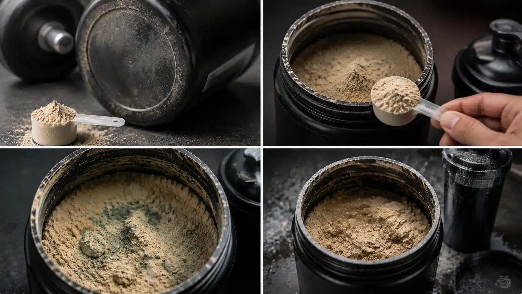 Four panel image showing expired pre workout powder with clumps, moisture damage, mold, and storage issues.