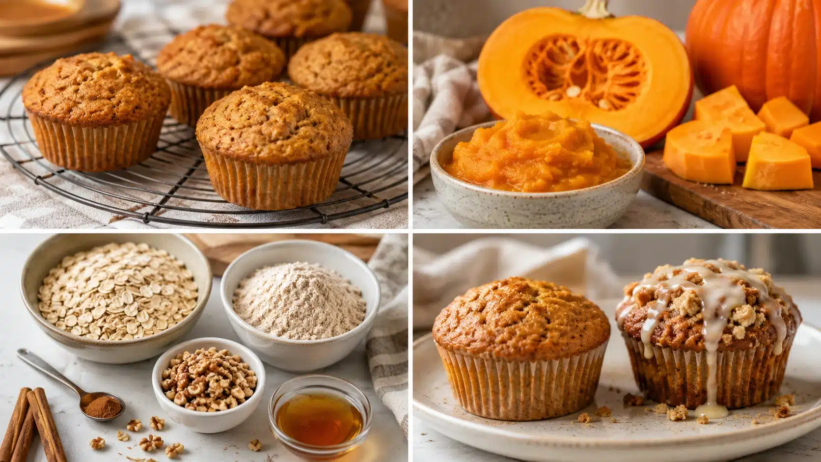 Four-panel image showing healthy pumpkin muffins, pumpkin puree, oats, whole wheat flour, nuts, and a glazed muffin comparison