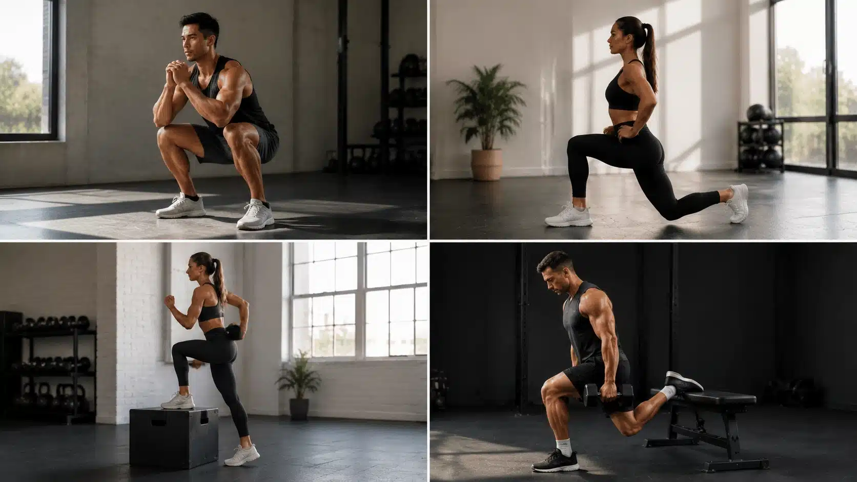 Four-panel image showing men and women performing lower body calisthenics exercises including squats, lunges, step-ups, and split squats.