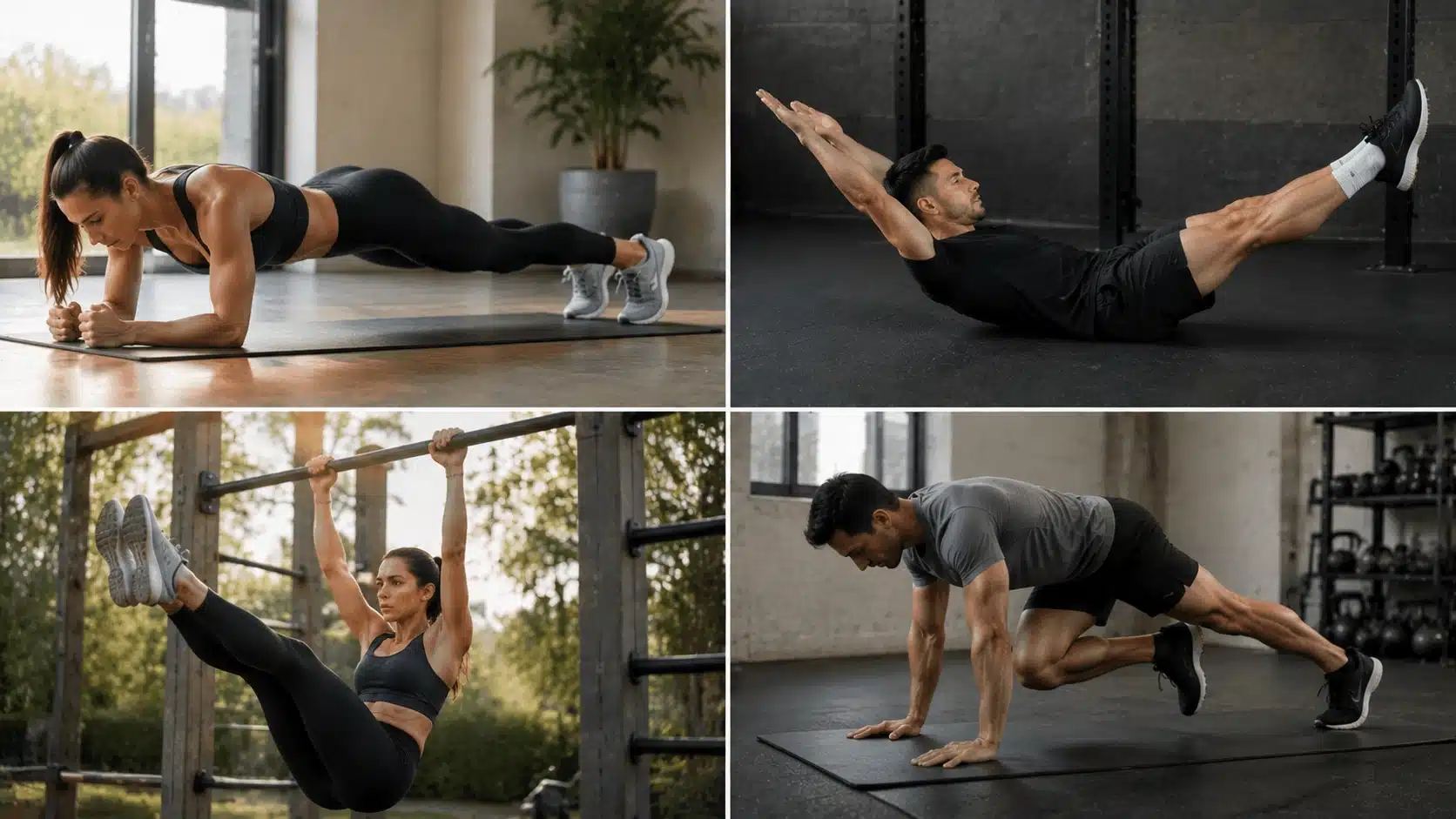 Four-panel image showing men and women performing core calisthenics exercises including planks, hollow holds, leg raises, and mountain climbers.