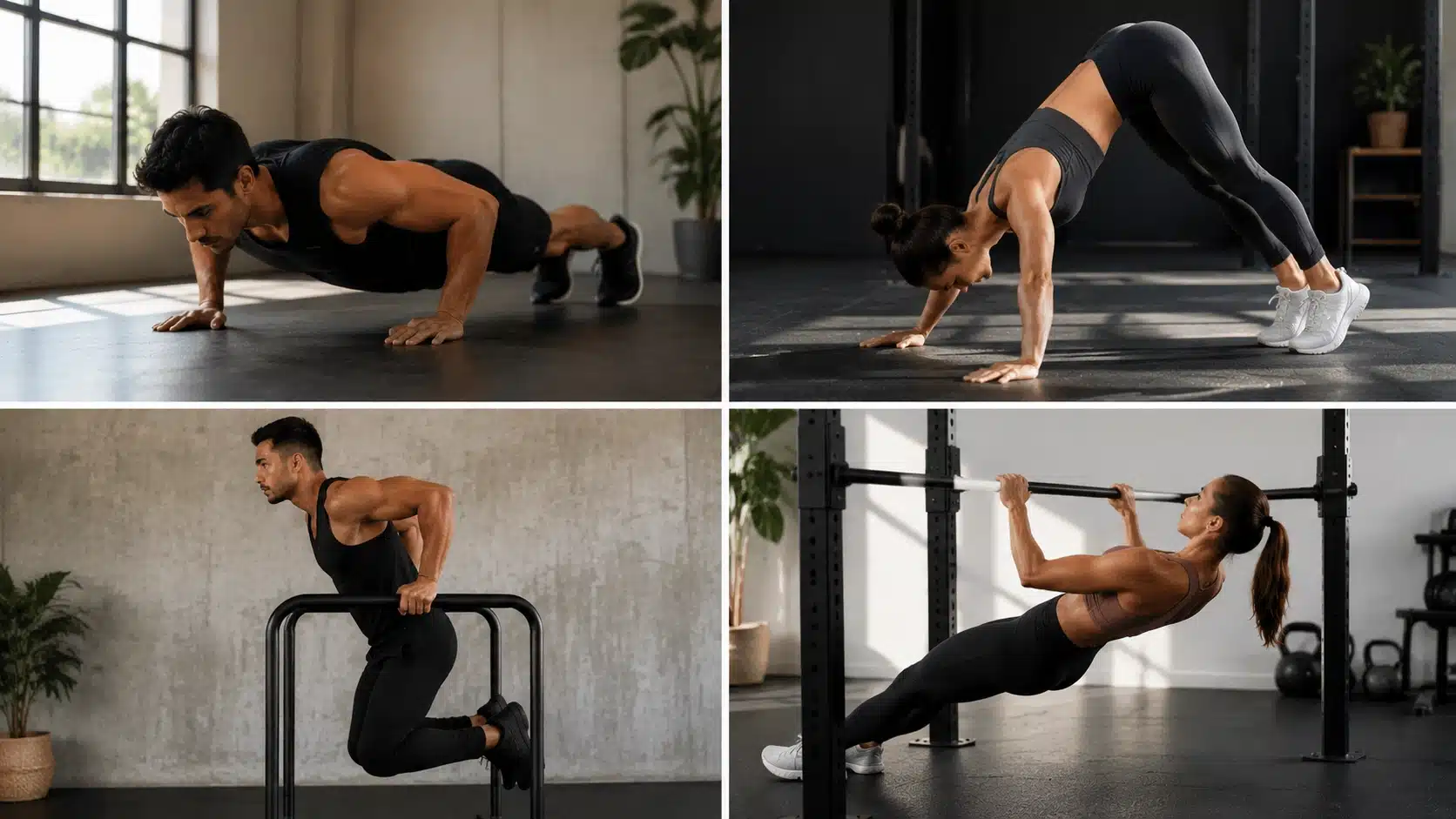 Four-panel image showing men and women performing beginner calisthenics exercises including push-ups, pike push-ups, dips, and rows in a gym.