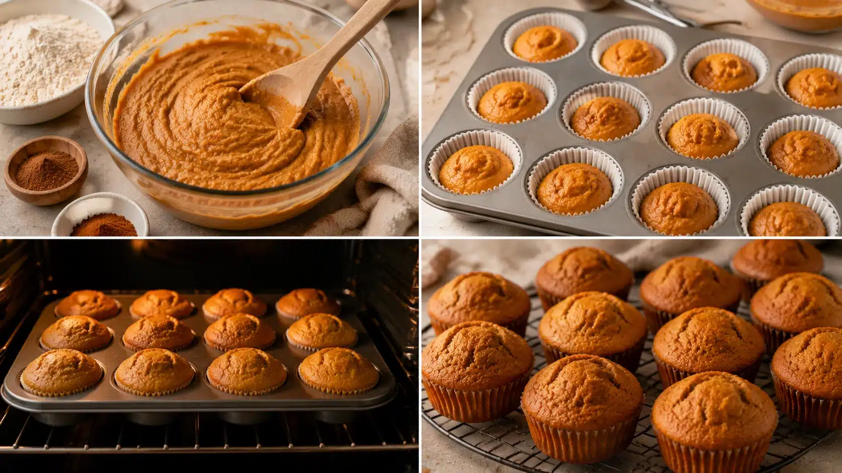 Four-panel image showing pumpkin muffin batter preparation, filling muffin cups, baking, and cooling freshly made muffins