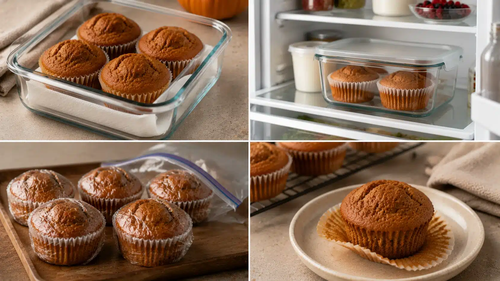 Four-panel image showing pumpkin muffins stored in containers, refrigerated, wrapped for freezing, and ready to serve