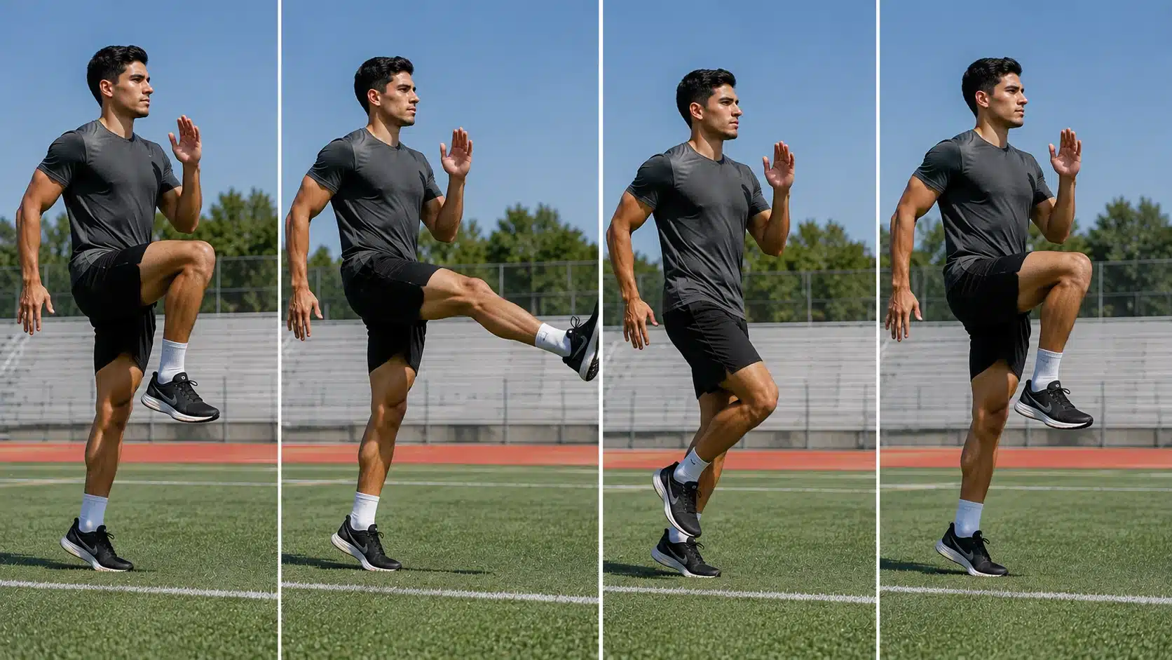 Four-panel sequence of an athlete performing B skips, showing knee drive, lower-leg extension, pulling the foot beneath the body, and controlled rhythmic movement on a track.