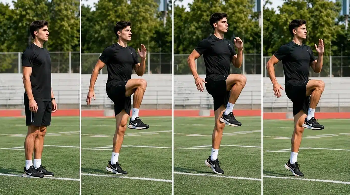 Four-panel sequence showing an athlete performing A Skips: standing tall, driving the knee to hip height, making quick ground contact, and maintaining a smooth skipping rhythm on a sports field.