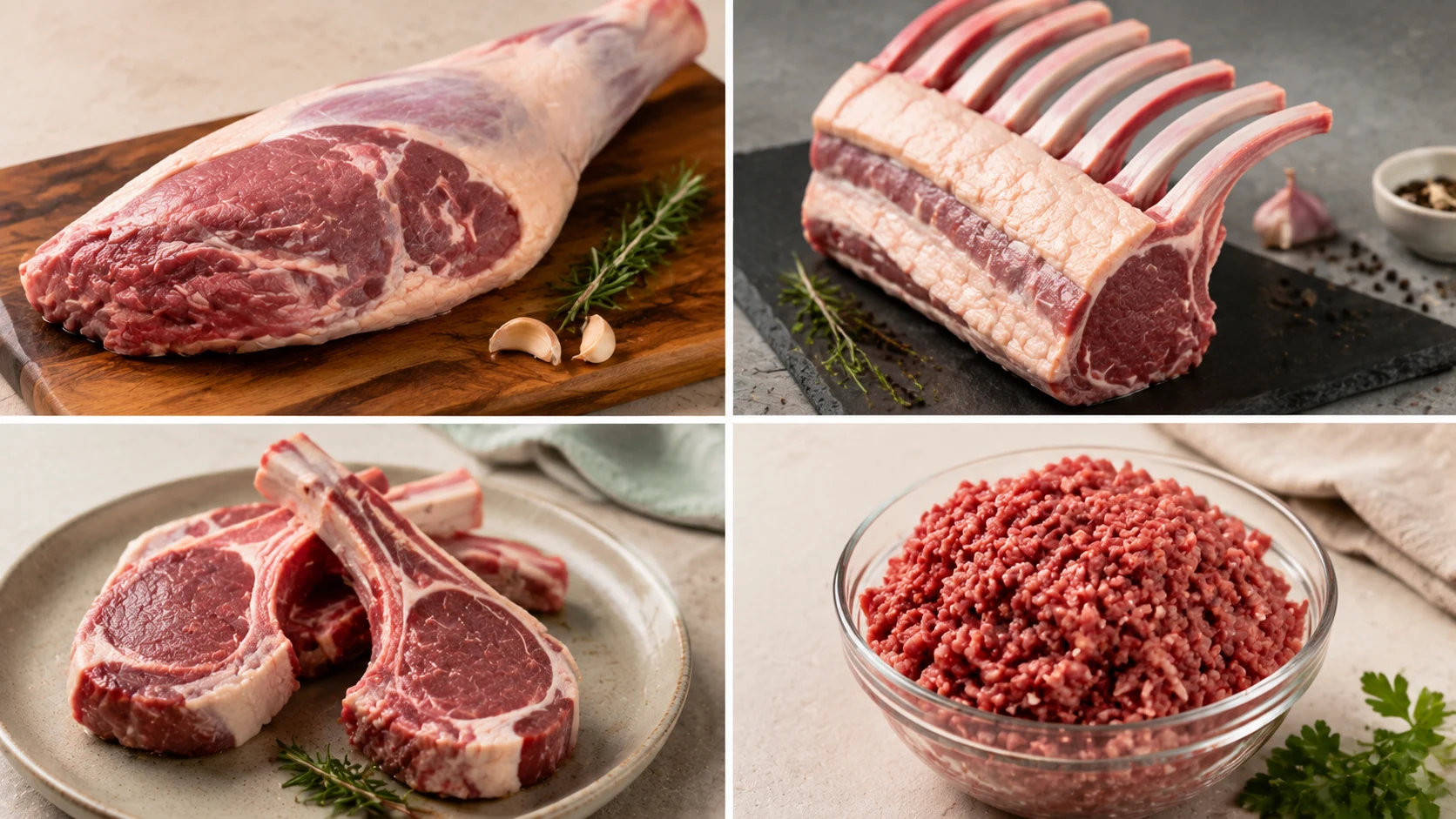 Four-panel view of lamb cuts including leg, rack, chops, and ground lamb.