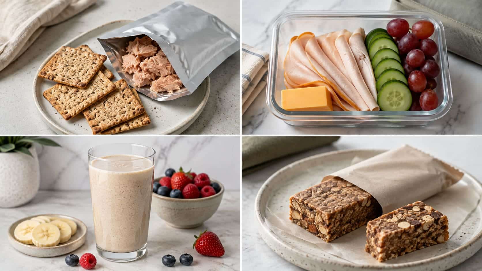Four portable protein snacks with tuna crackers, a turkey snack box, a shake, and protein bars.