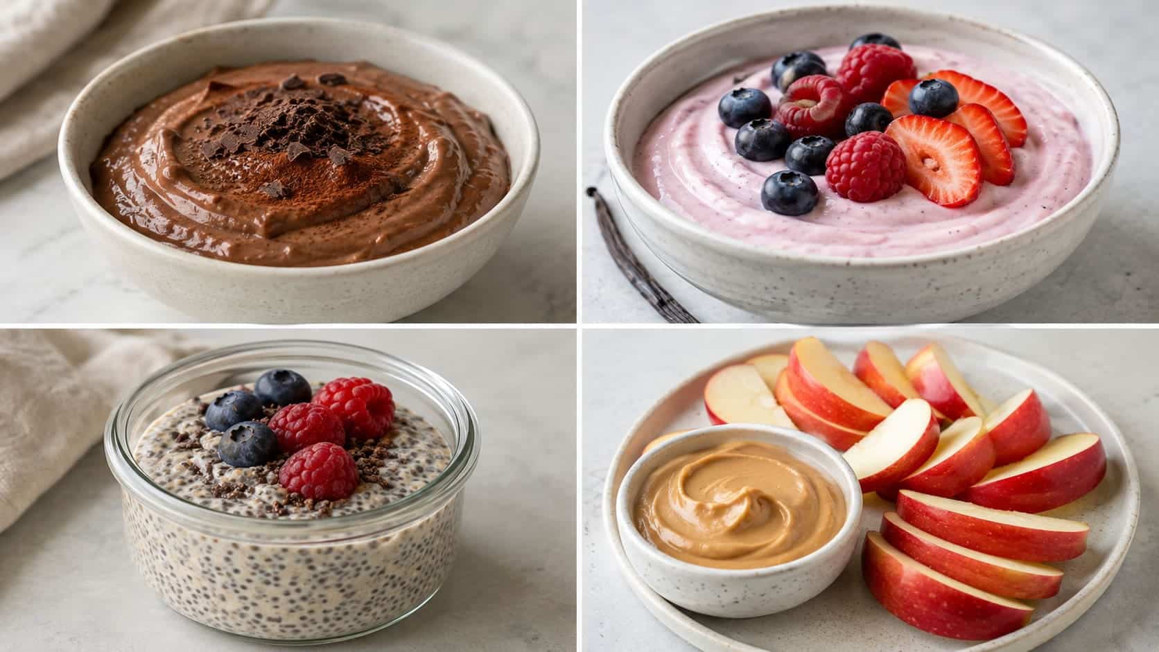 Four sweet protein snacks with chocolate yogurt, berry cottage cheese, chia pudding, and apple dip.