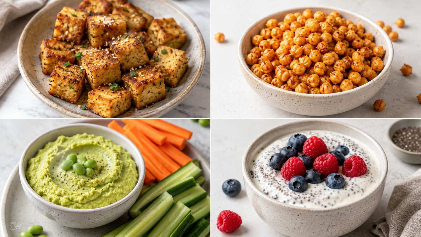 Four vegan protein snacks featuring baked tofu, roasted chickpeas, edamame hummus, and soy yogurt.