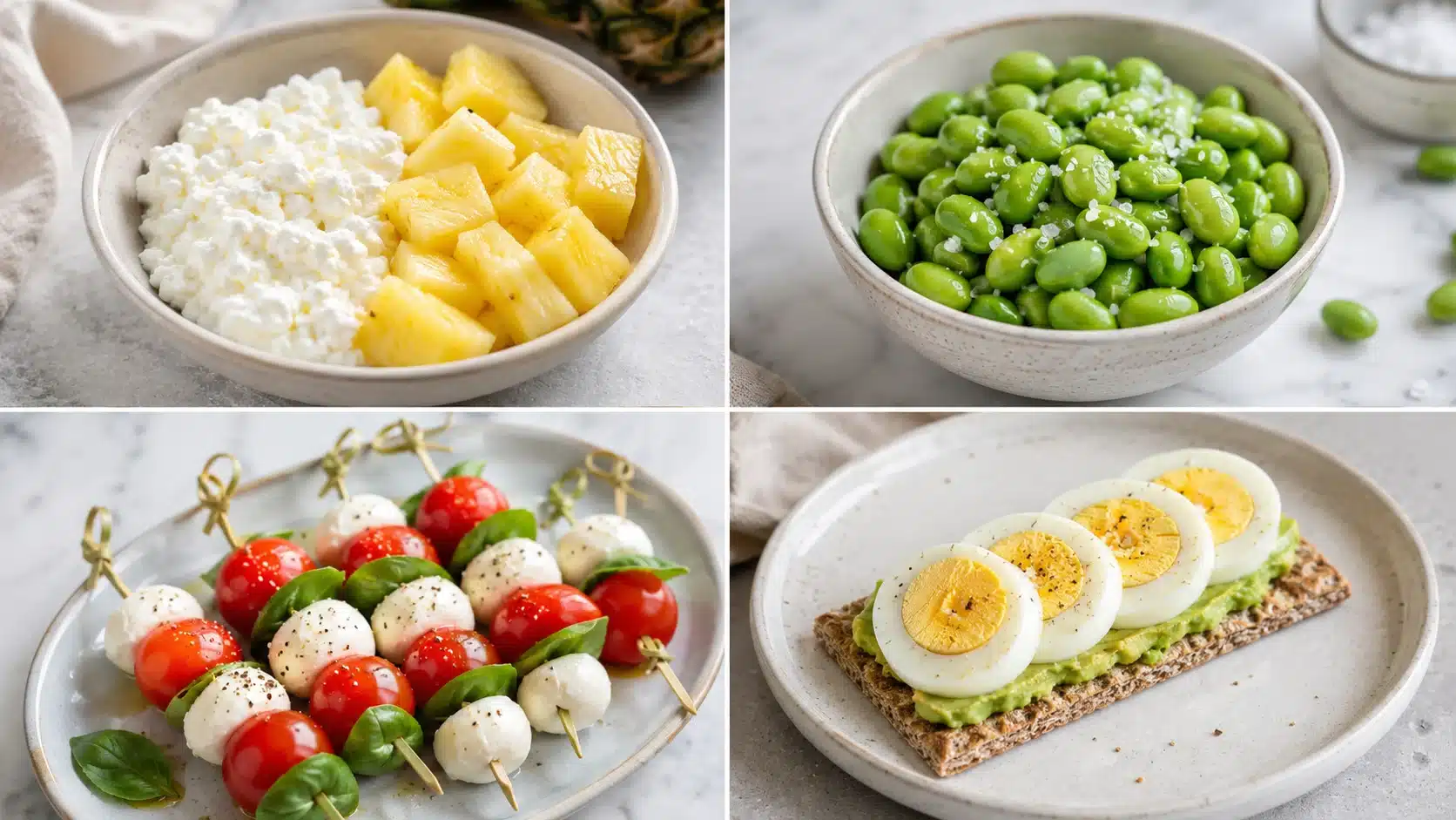 Four vegetarian protein snacks with cottage cheese, edamame, Caprese skewers, and egg crispbread.