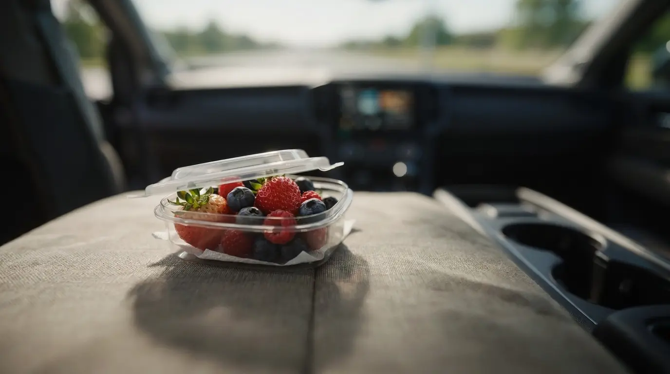 Fresh berries stored in a container with a paper towel for a road trip snack.