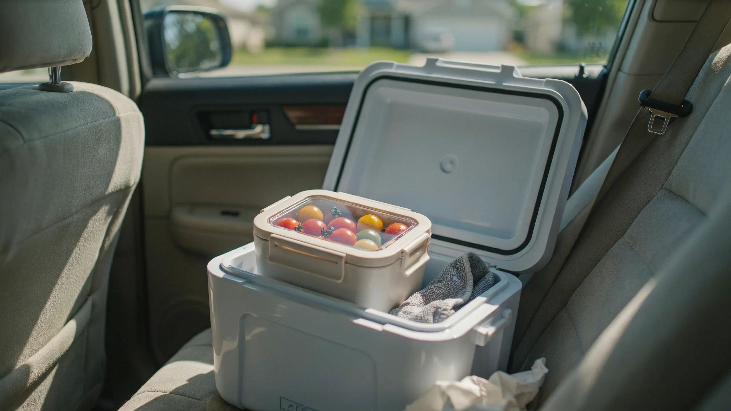 Fresh cherry tomatoes stored in a rigid container for a healthy road trip snack.