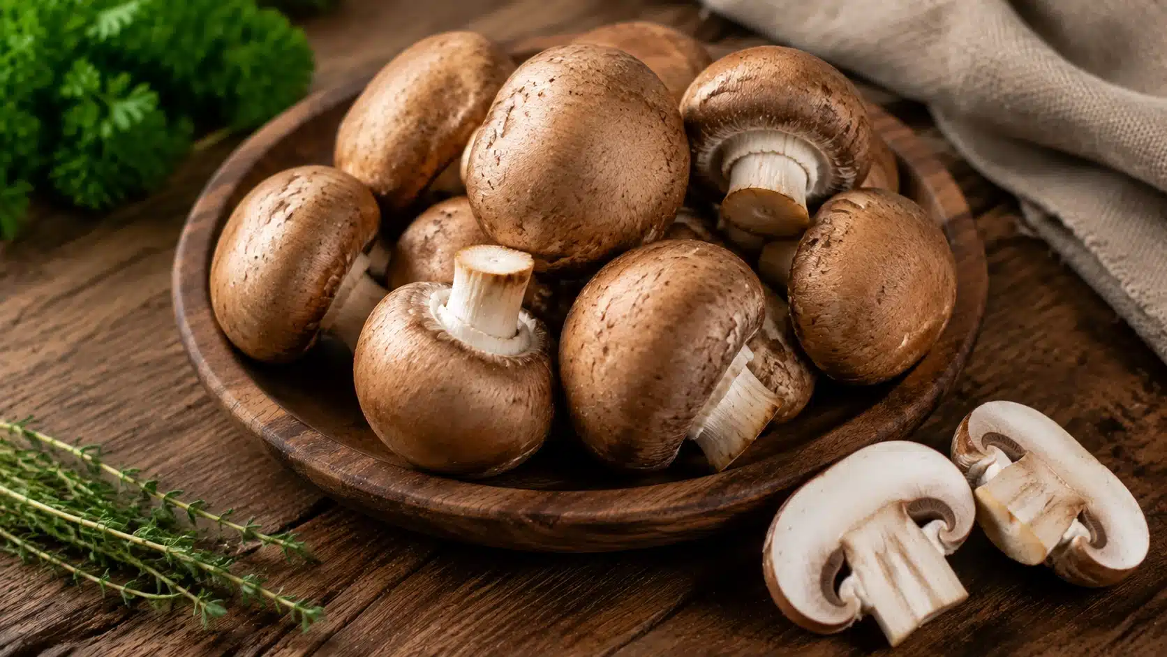 Fresh cremini mushrooms showing their earthy flavor and firm texture for keto meals and meat-free recipes.