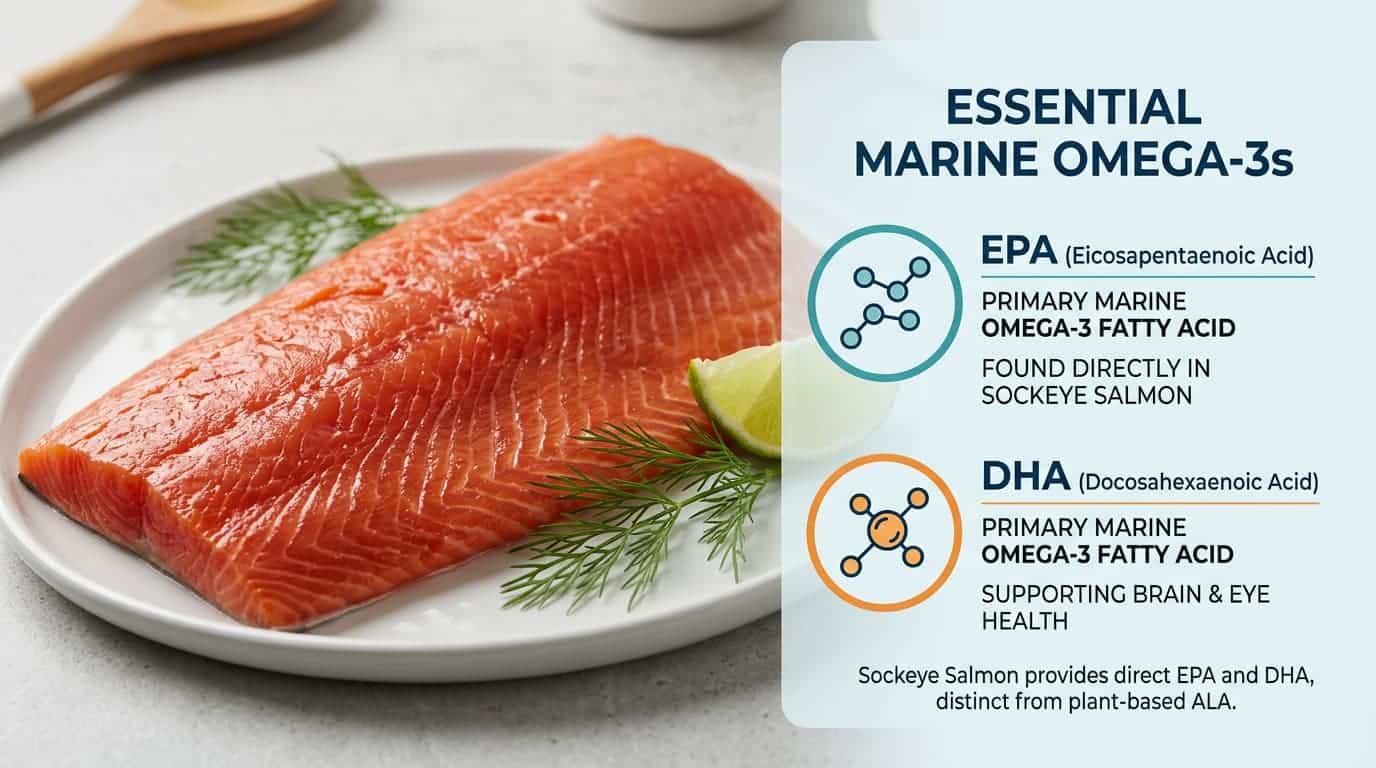 Fresh sockeye salmon with EPA and DHA omega-3 nutrient callouts beside the fillet.