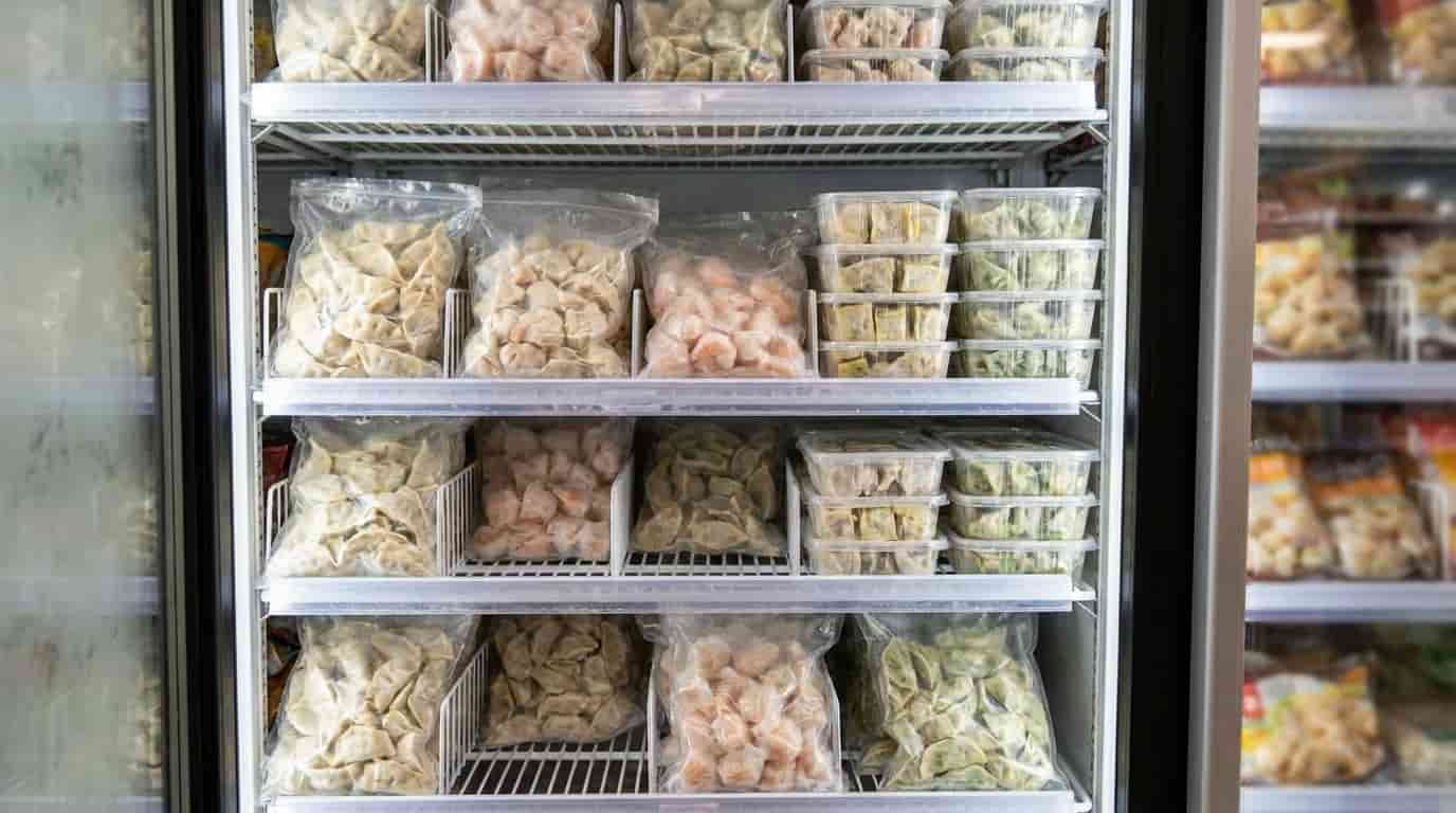 Frozen dumplings stored in a freezer