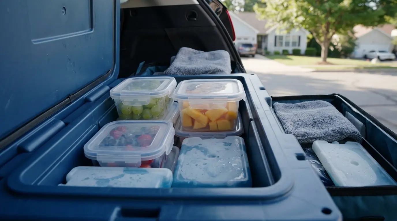 Frozen grapes, mango, and berries stored in a cooler for a road trip snack.