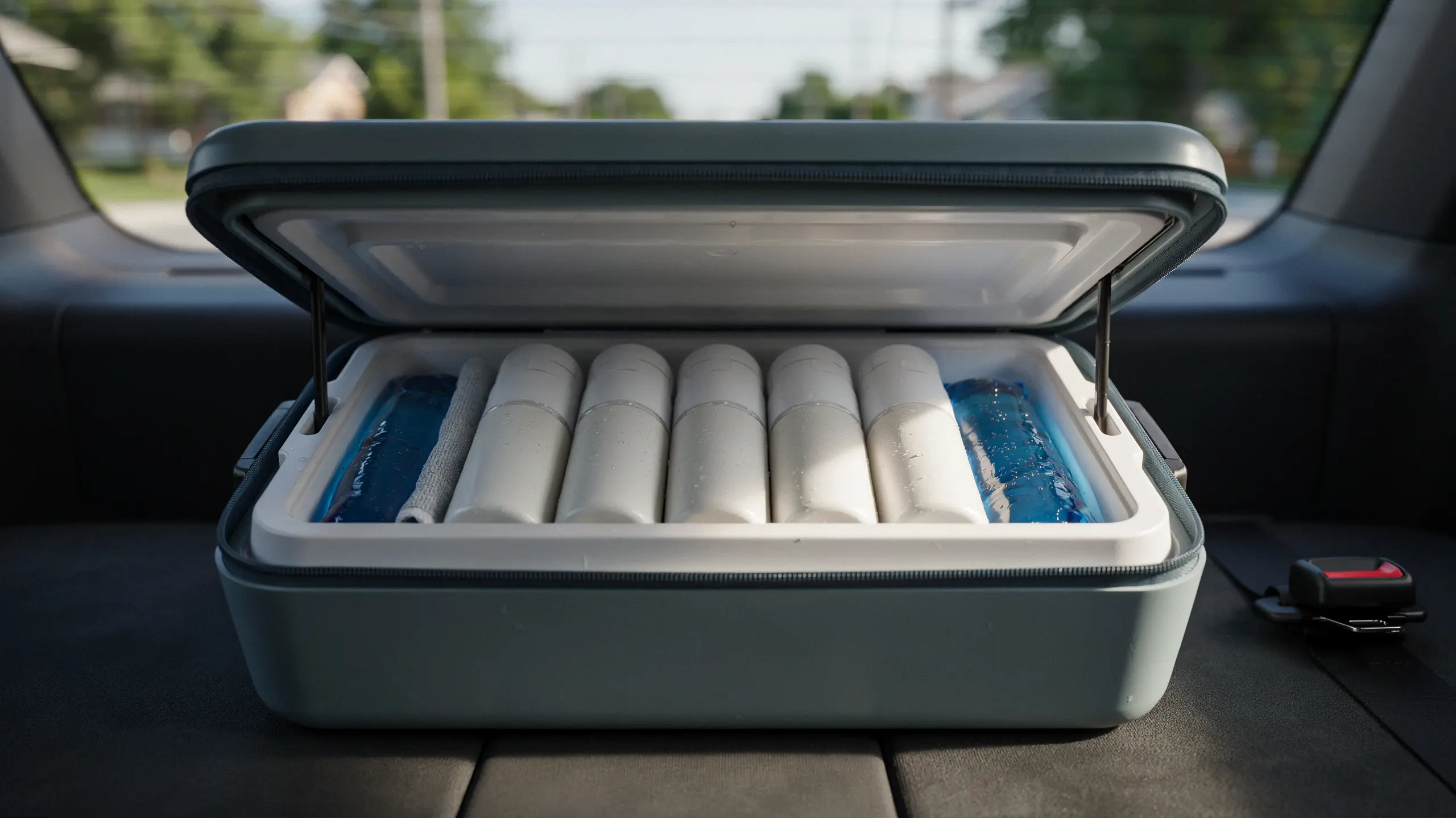Frozen Greek yogurt tubes stored in a cooler for a healthy road trip snack.