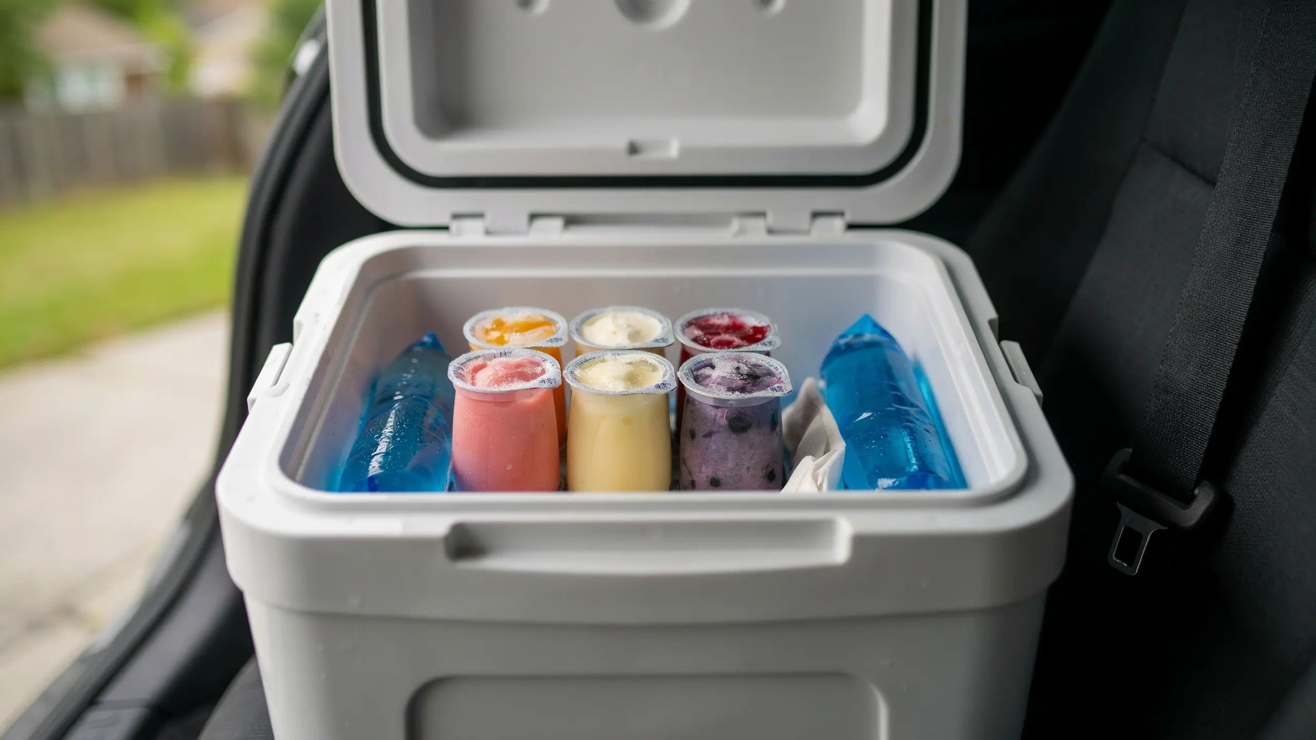 Frozen yogurt tubes stored in a cooler as a kid-friendly road trip snack.