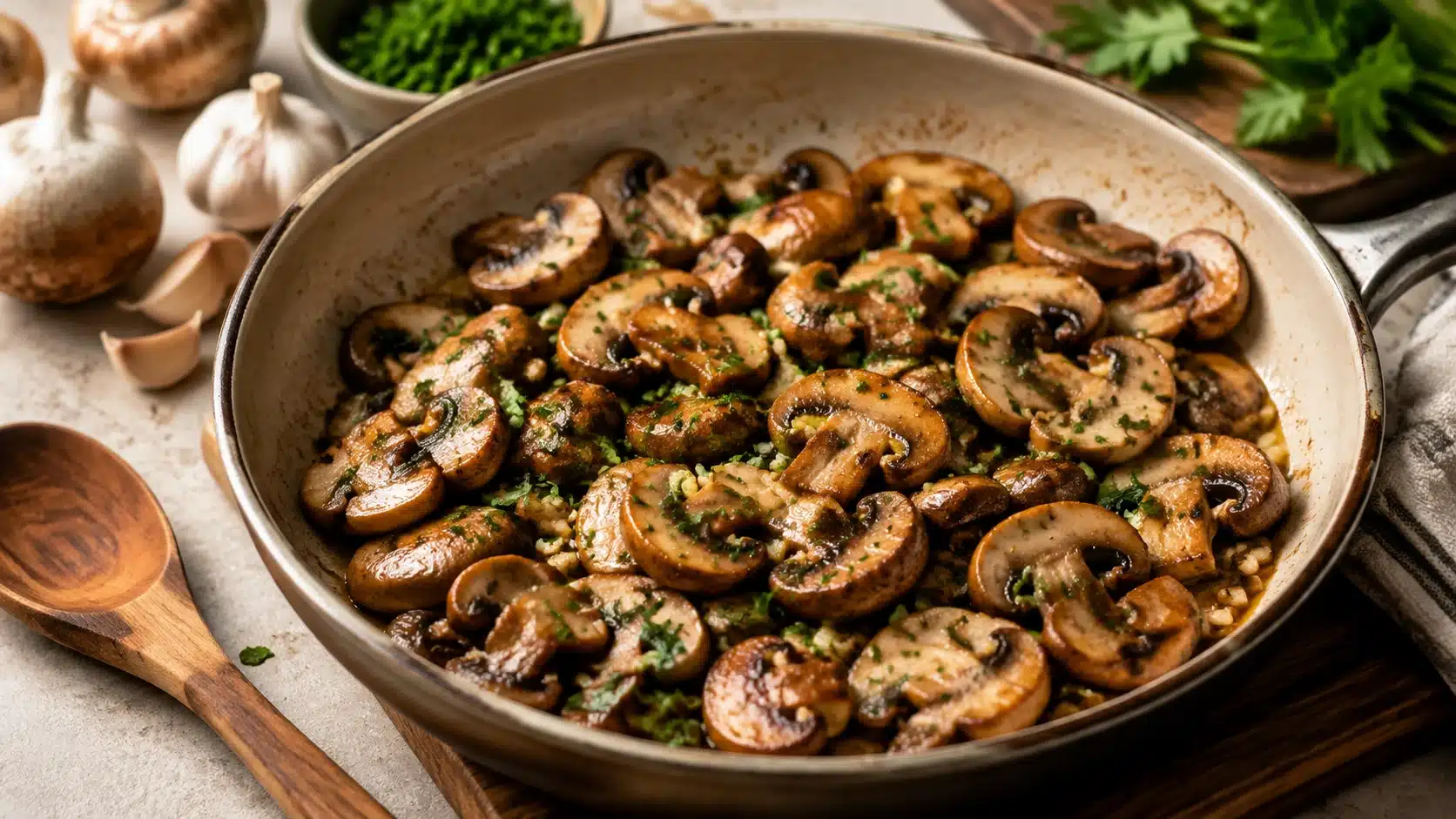 Garlic butter sautéed mushrooms with parsley served in a skillet as a low-carb keto side dish.