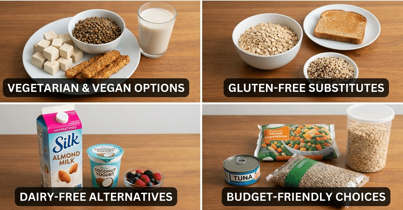 GERD-friendly meal options showing vegetarian, gluten-free, dairy-free, budget-friendly, and higher-calorie food choices.