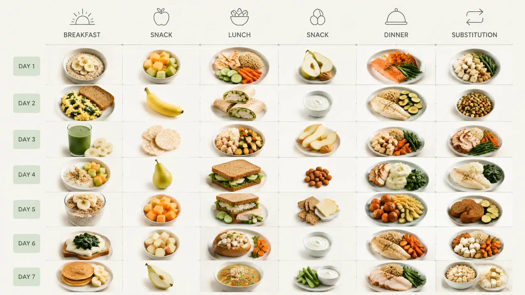 GERD meal plan infographic showing seven days of simple breakfast, snack, lunch, dinner, and substitution food options.