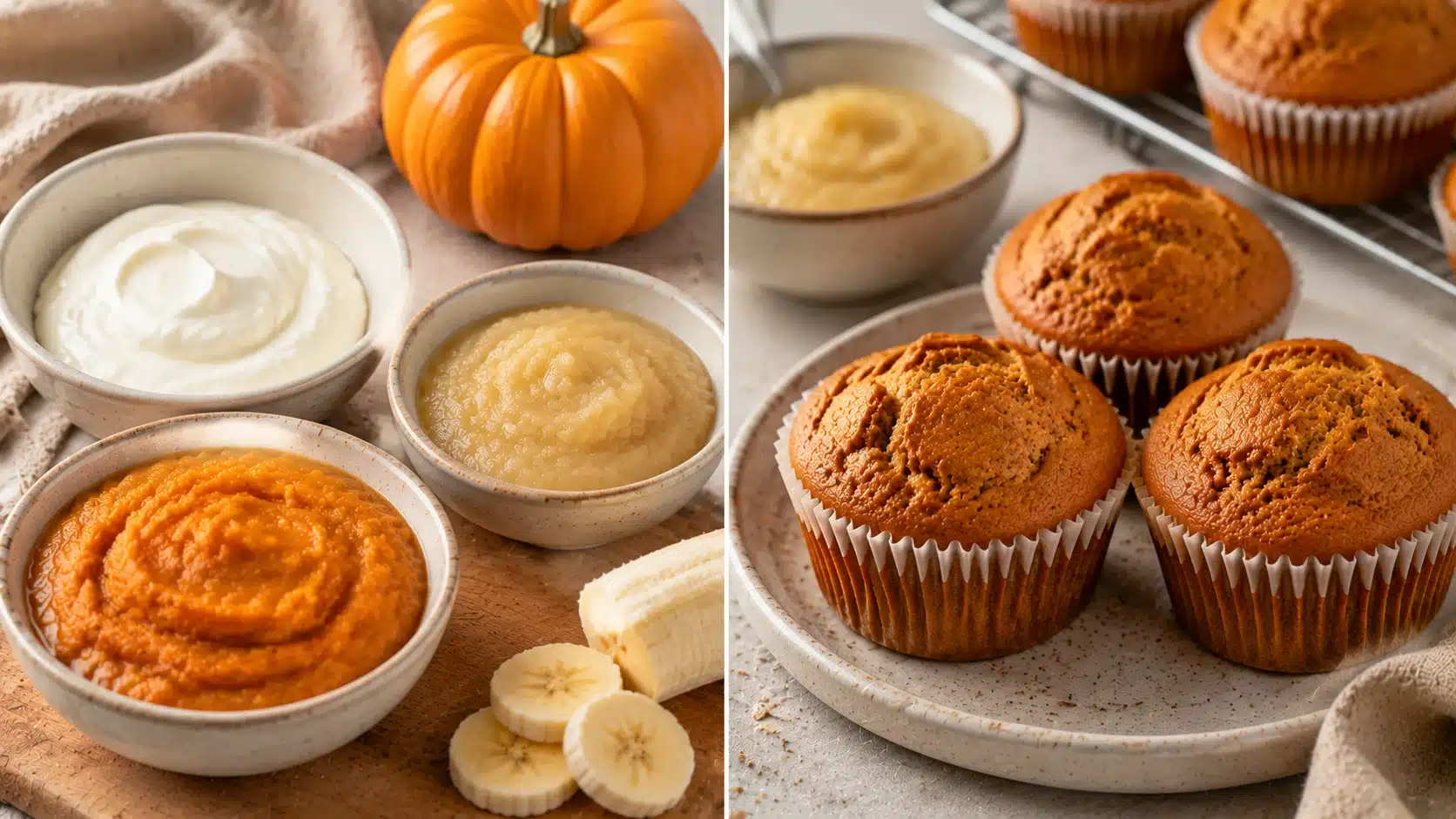 Greek yogurt, applesauce, pumpkin puree, bananas, and muffins showing ingredients that keep pumpkin muffins soft