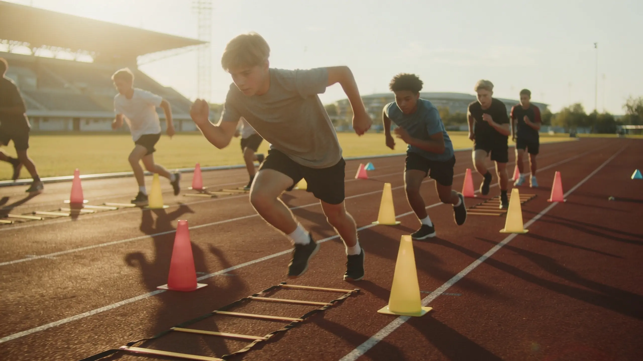 Group of athletes performing structured speed and agility drills on a track with cones and ladder stations.