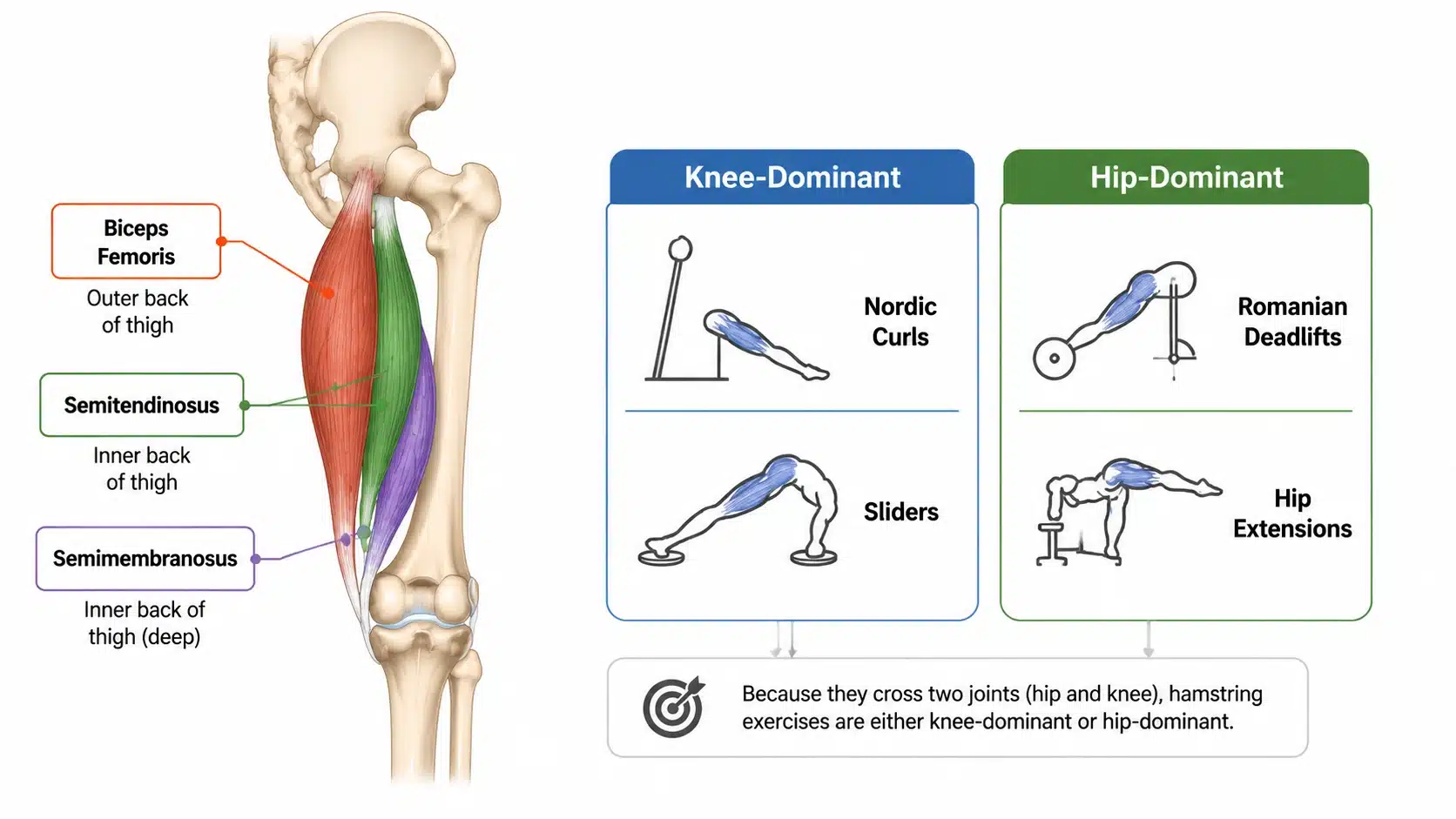 Hamstring anatomy diagram showing biceps femoris, semitendinosus, semimembranosus and exercise categories.