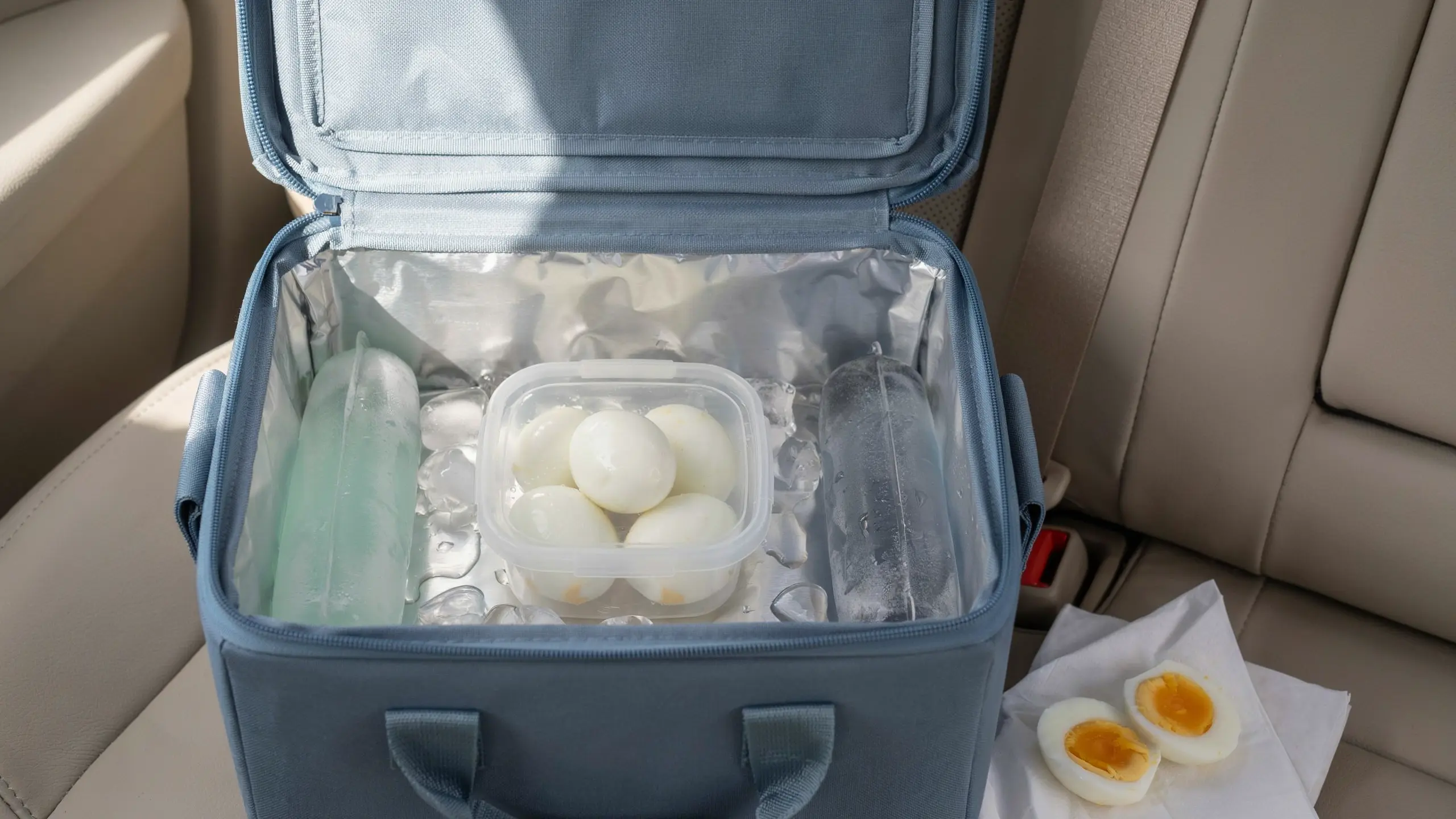 Hard-boiled eggs stored in a cooler as a protein-rich road trip snack.