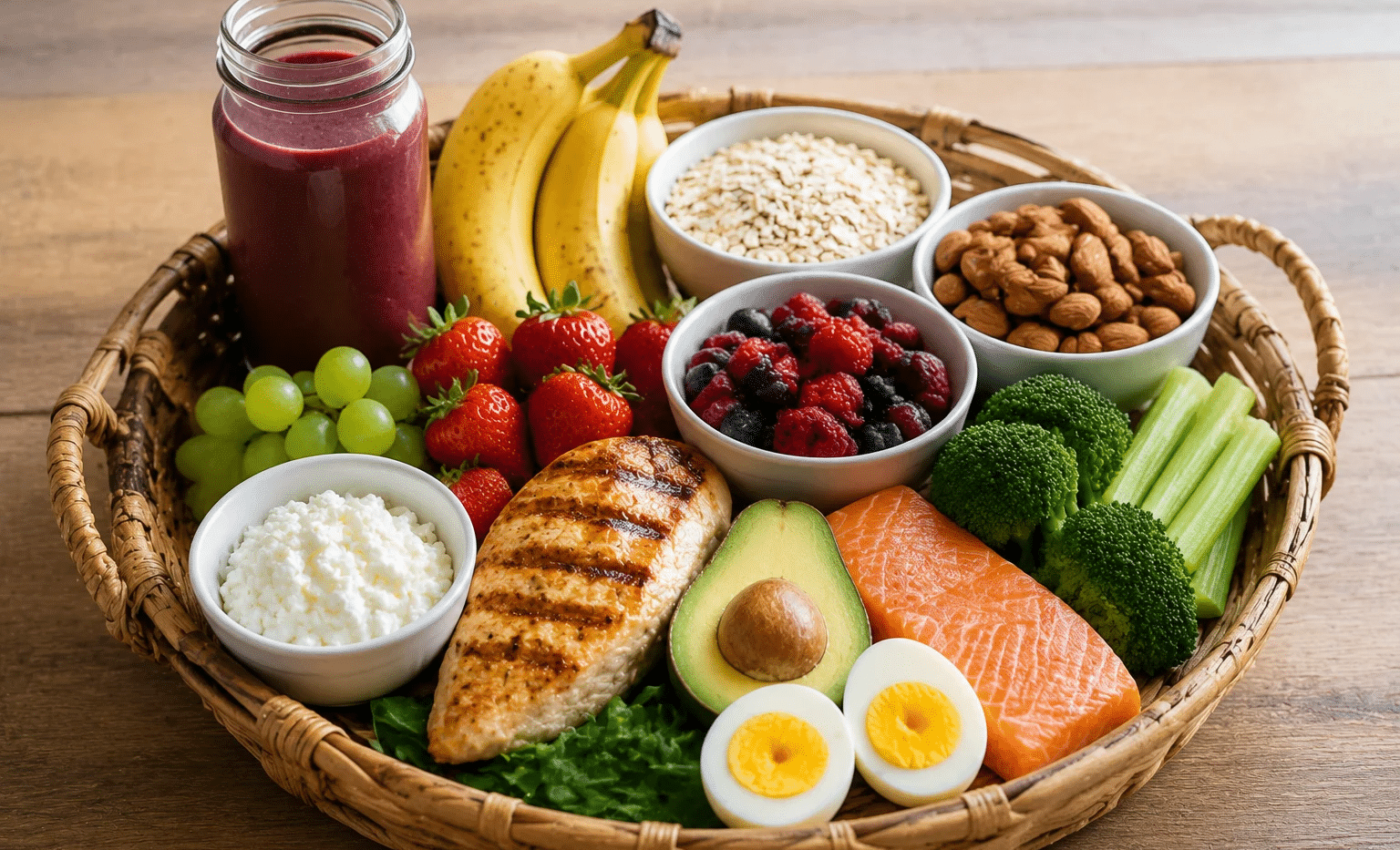 Healthy nutrition basket with protein-rich foods, fruits, vegetables, eggs, salmon, and grains supporting calisthenics training recovery.