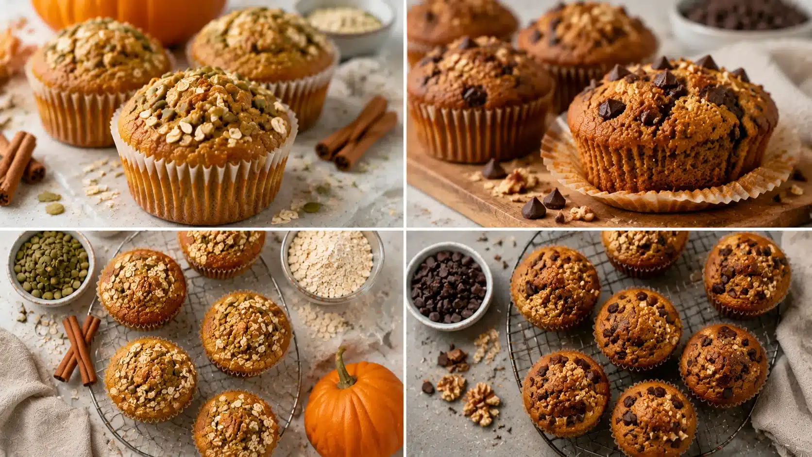 Image featuring healthy pumpkin muffins with oat toppings, chocolate chips, nuts, and wholesome baking ingredients