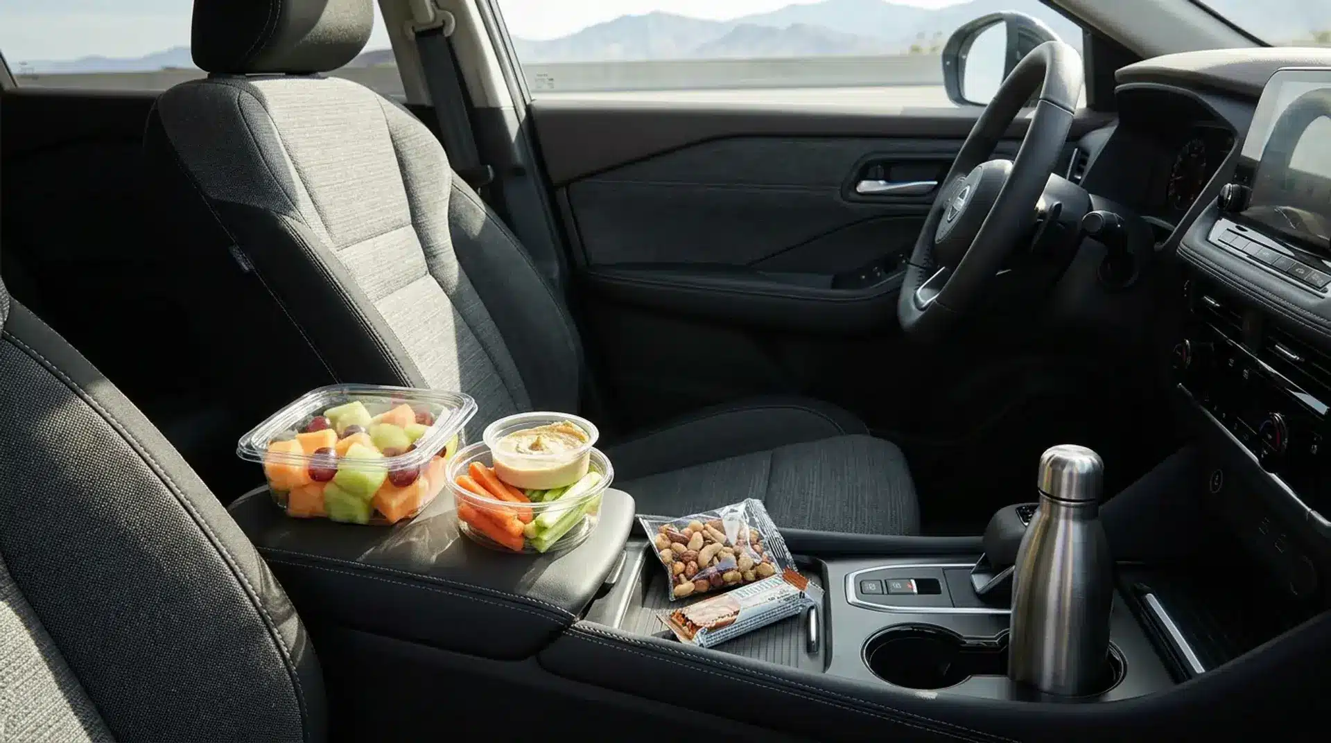 Healthy snacks packed inside a car for a nutritious road trip.