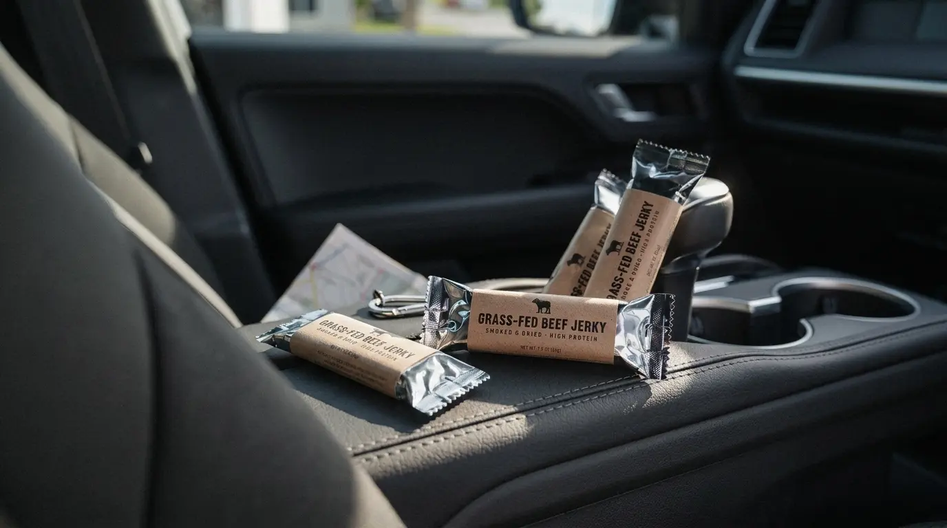 Healthy store-bought jerky packs placed in a car for a road trip snack.