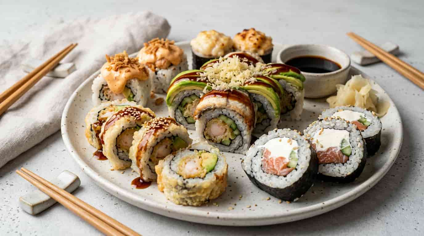 High-calorie sushi rolls with tempura, cream cheese, sauces, and rich toppings on a plate.