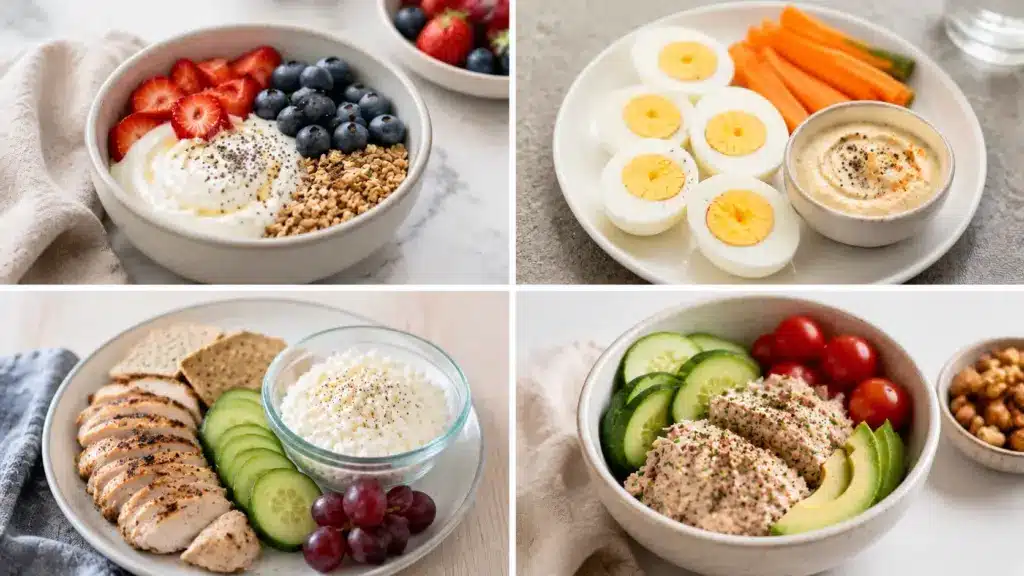 Four-panel collage of high protein snacks including Greek yogurt, eggs, chicken, cottage cheese, and tuna bowls for weight loss.