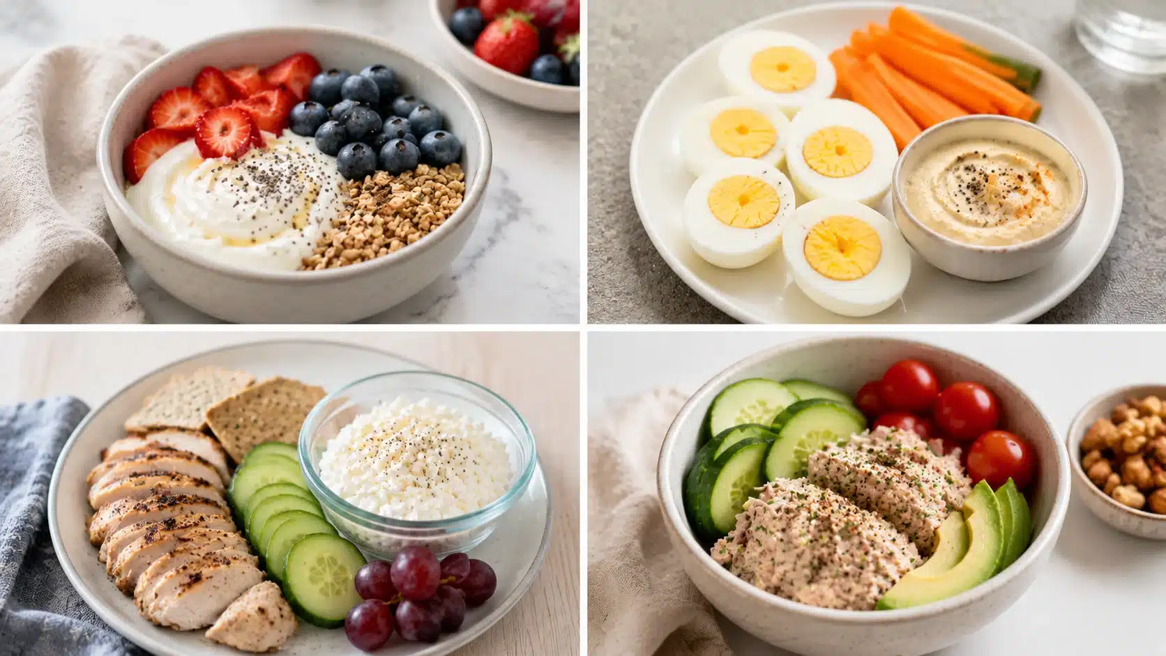 Four-panel collage of high protein snacks including Greek yogurt, eggs, chicken, cottage cheese, and tuna bowls for weight loss.