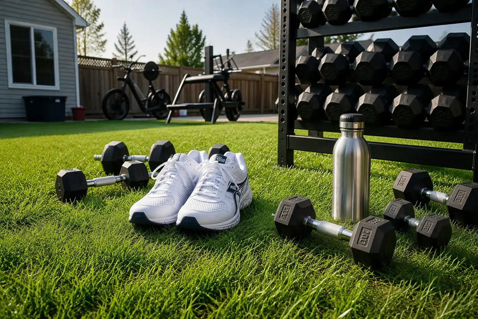 Outdoor backyard gym setup with dumbbells, athletic shoes, water bottle, and workout equipment on grass.