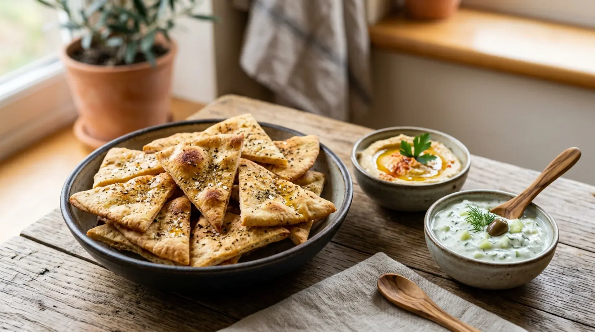 Homemade baked pita chips with dip, served crisp and golden on a simple plate.