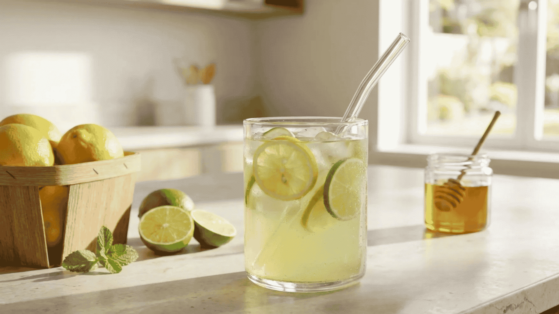 A glass of lemon drink with lemon slices, a straw, lemons in a basket, and a jar of honey on a sunny table.