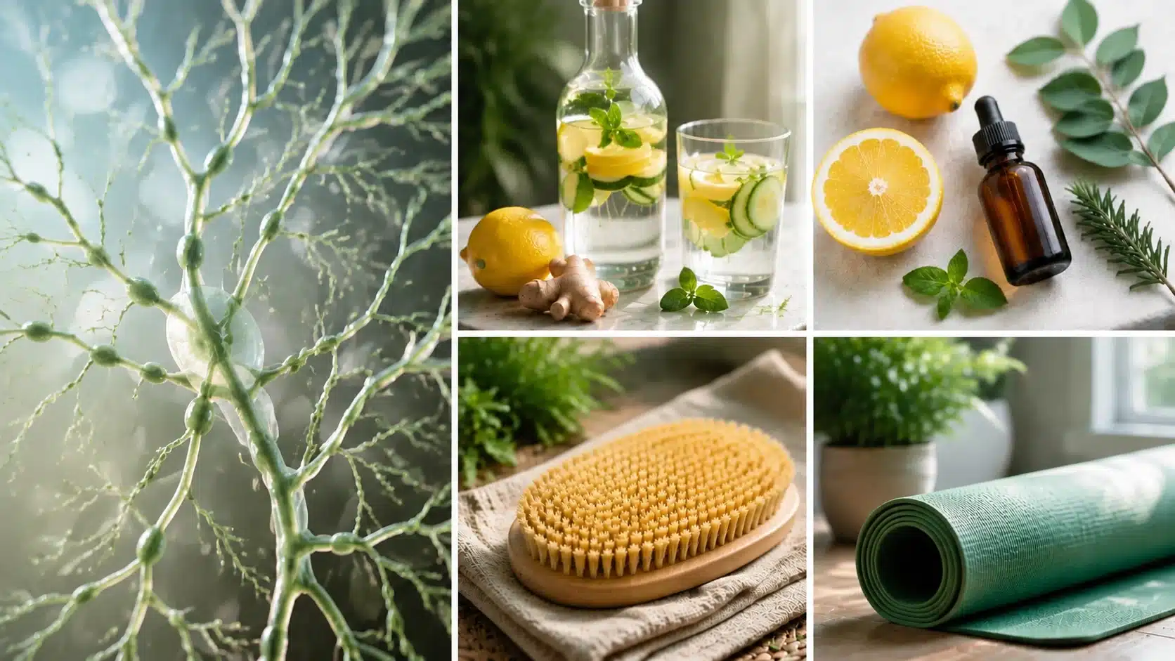 Lymphatic system wellness concept with green branching vessels, lemon water, herbs, and dry brush