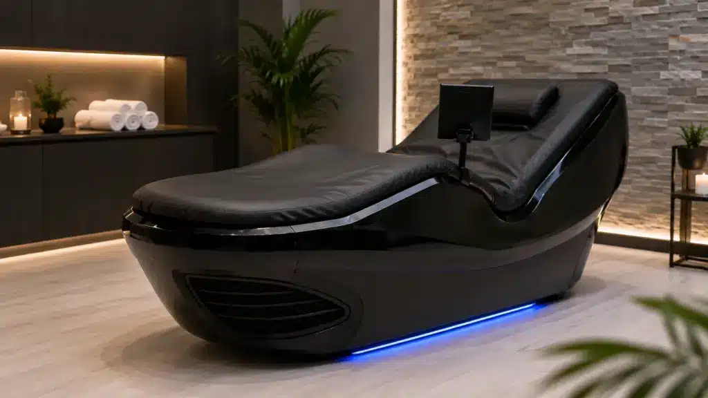 Modern hydromassage chair in a quiet wellness room for relaxation and muscle recovery.