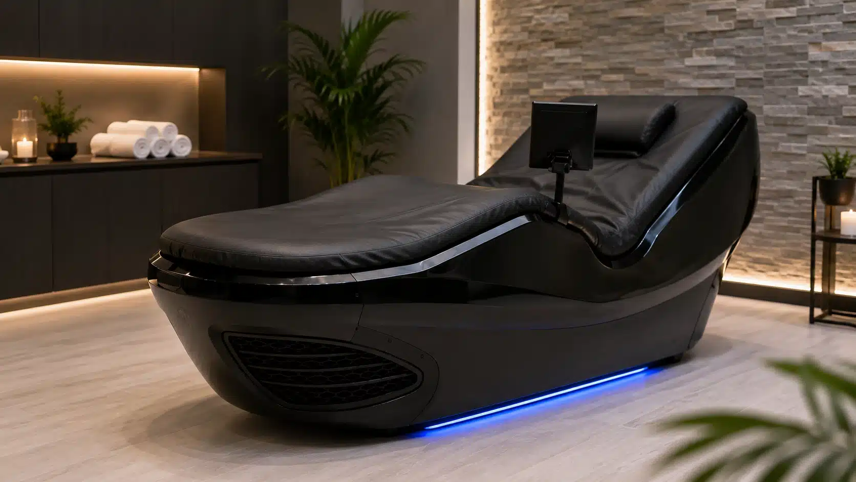 Modern hydromassage chair in a quiet wellness room for relaxation and muscle recovery.