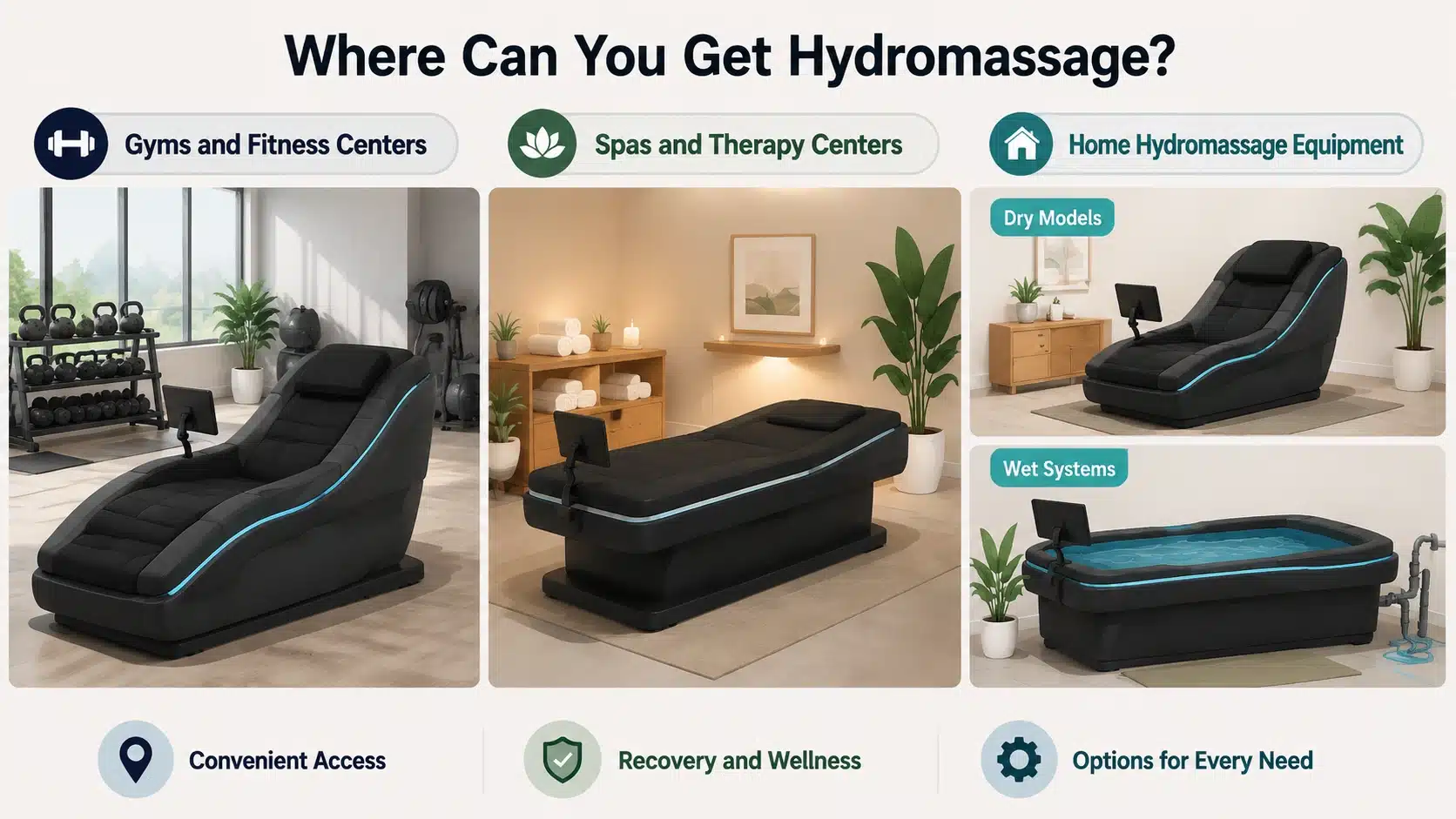 Hydromassage options shown in gyms, spas, therapy centers, and home equipment setups.