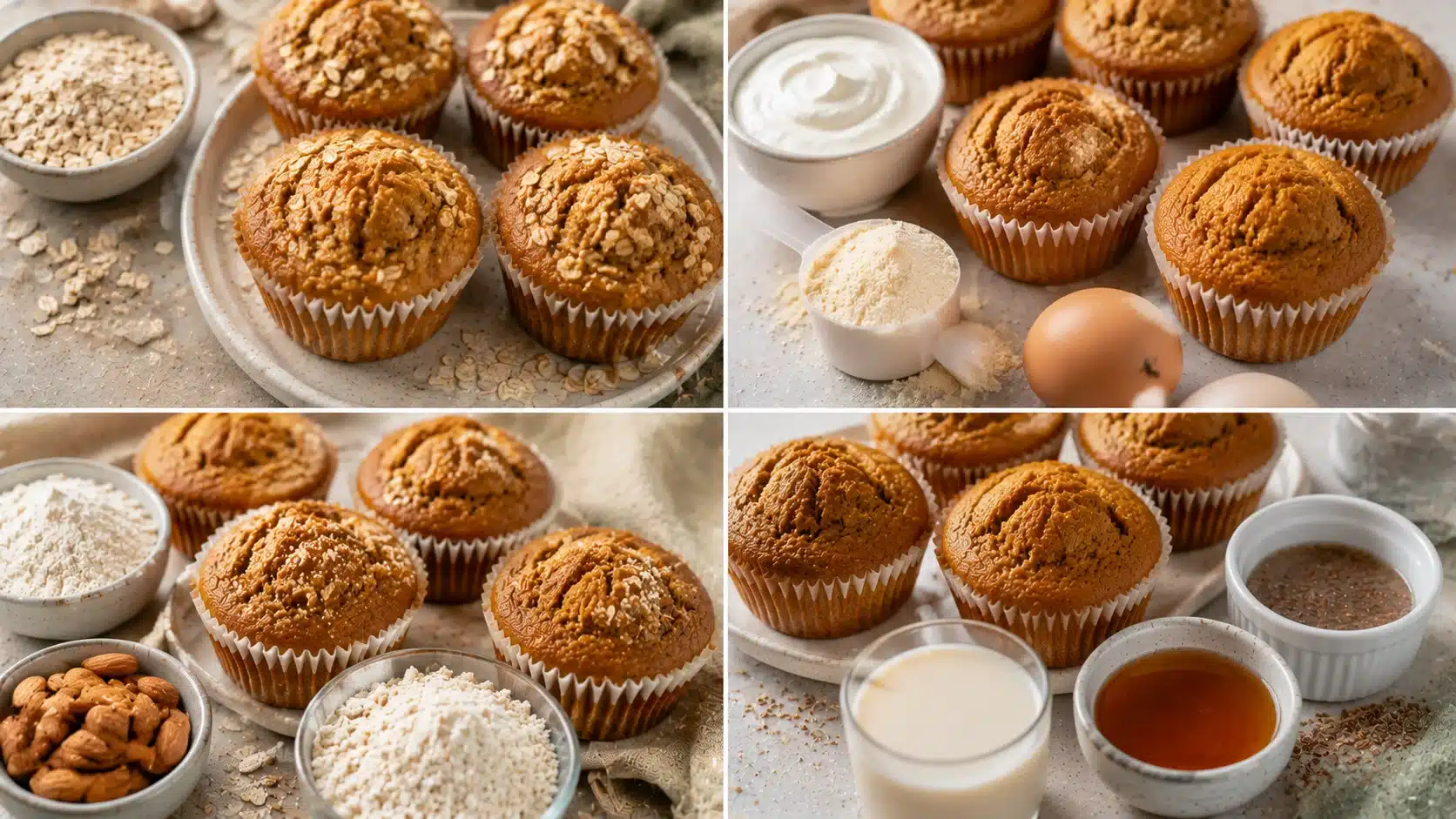 Image showing healthy pumpkin muffin variations with oats, protein ingredients, gluten-free flours, and vegan baking option